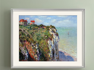 Beautiful Landscape Painting With Cliff Green Vegetation Houses Seascape Distant Boats Beach And Waves 3d model