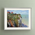 Beautiful Landscape Painting With Cliff Green Vegetation Houses Seascape Distant Boats Beach And Waves