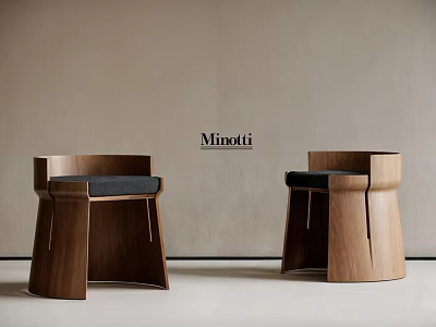 Elegant Modern Minotti Wooden Stools With Black Cushions In Neutral Setting 3d model