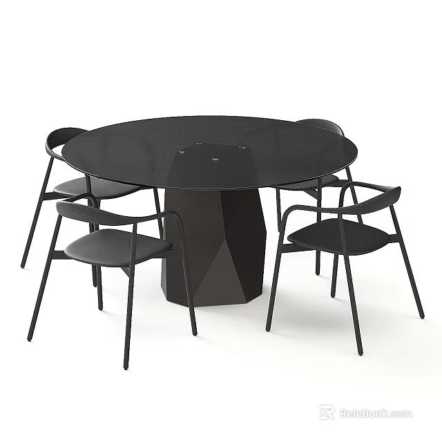 Modern Black Round Dining Table Set With Geometric Base And Four Chairs 3d model