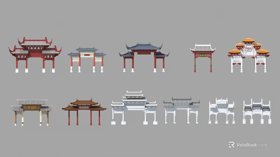 Traditional Chinese Paifang Archway Collection with Various Architectural Styles and Colorful Designs 3d model 