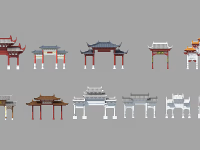 Traditional Chinese Paifang Archway Collection with Various Architectural Styles and Colorful Designs 3d model