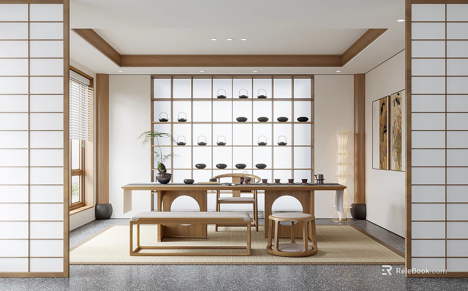 Japanese-style Tea Room Interior With Wooden Table Bench Tea Set Shelf And Potted Plant 3d model 