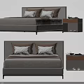 Modern Double Bed With Upholstered Headboard White Brown Pillows And Bedside Table 3d model