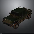 Green Vintage Off Road Jeep Truck With Muddy Exterior And Cargo Bed