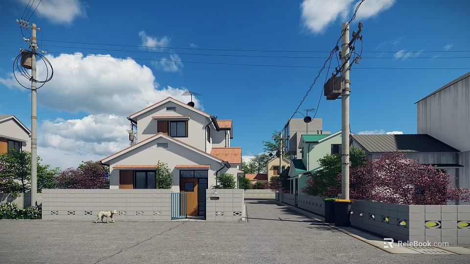 Detached Villa With White Exterior Brown Roof Paved Road And Trees Under Blue Sky 3d model 