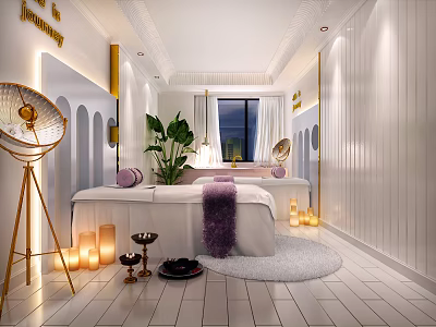 Modern Elegant SPA Sauna Interior With White Gold Accents Plants Candles And Massage Bed 3d model