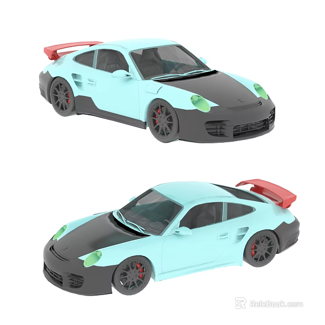 Light Blue Sports Car With Red Rear Spoiler Green Headlights And Black Accents 3d model 