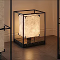 Black Metal Frame Floor Lamp with Square Design Beige Lampshade and Small Table Lamp in Modern Room