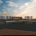 Modern Urban Park Landscape With Curved Walkway Green Lawn White Pavilion And Distant City Skyline