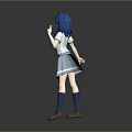 3D Character With Blue Hair In School Uniform Standing On Gray Background