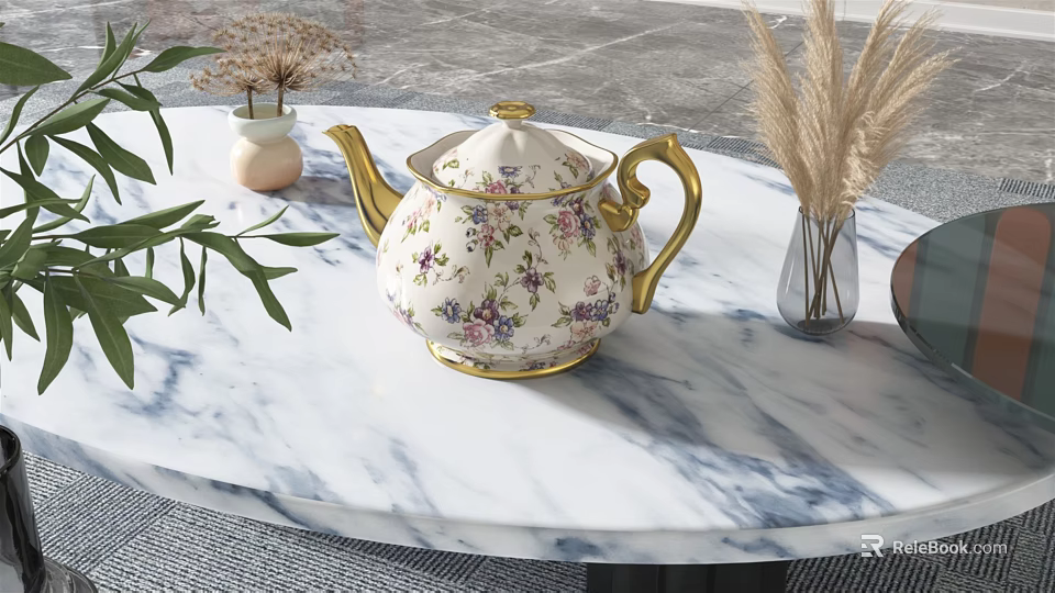 Elegant White Floral Teapot With Gold Accents On Marble Tabletop And Green Plants 3d model 