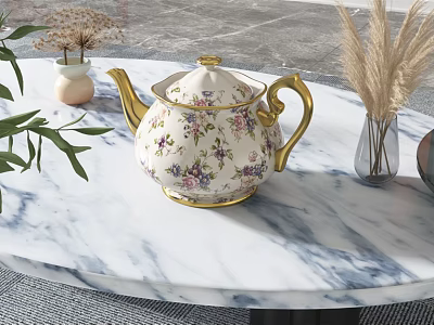 Elegant White Floral Teapot With Gold Accents On Marble Tabletop And Green Plants 3d model