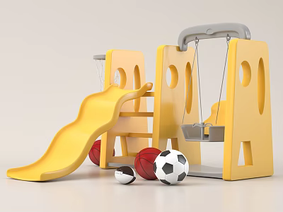 Yellow Children Playground Equipment With Slide Swing And Various Balls 3d model