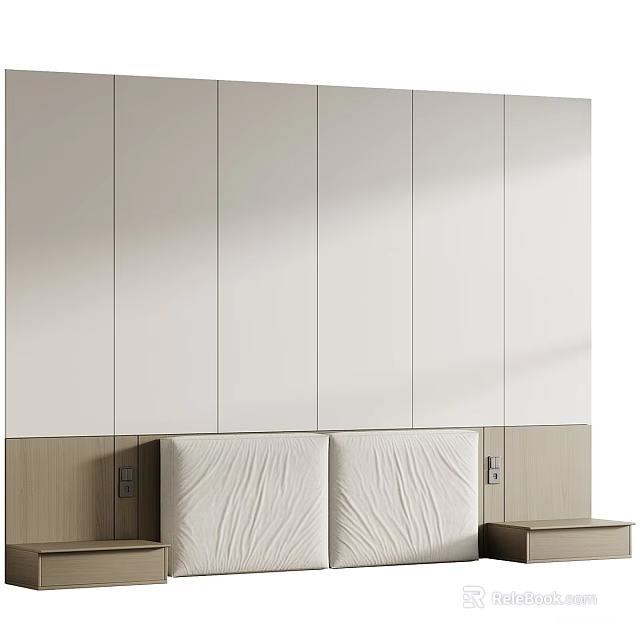 Modern Minimalist Bed Background Wall With White Panel Design And Upholstered Headboard 3d model