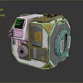 Futuristic Mechanical Device Featuring Metallic Surface Green Display Gold Accents And Circular Components