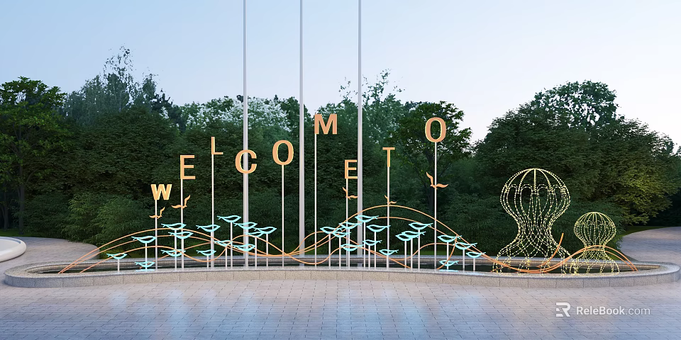 Outdoor Spherical Sculpture With Golden WELCOME Letters Wavy Decorations And Green Trees Background 3d model 