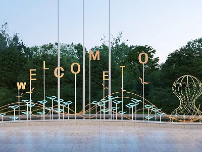 Outdoor Spherical Sculpture With Golden WELCOME Letters Wavy Decorations And Green Trees Background 3d model