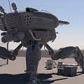 Camouflage Painted Mechanical Crab Sculpture With Cannons Barbed Wire Wooden Crates Oil Drums Blue Sky