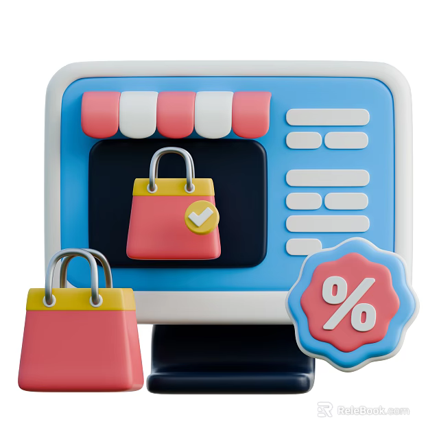 Computer Screen Showing Online Shopping Interface With Shopping Bags And Percentage Discount Icons 3d model 