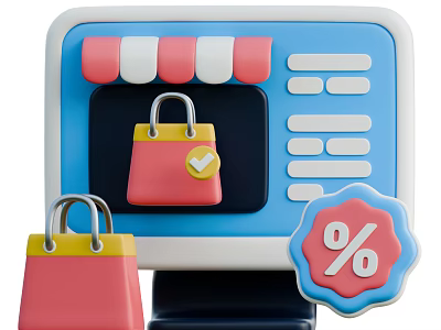 Computer Screen Showing Online Shopping Interface With Shopping Bags And Percentage Discount Icons 3d model