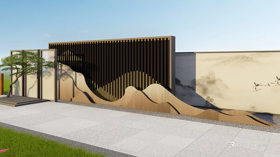Modern Landscape Wall With Wooden Slats And Wavy Design In Garden 3d model 