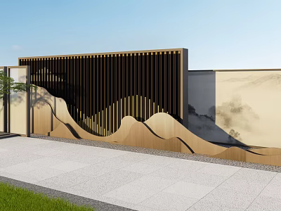 Modern Landscape Wall With Wooden Slats And Wavy Design In Garden 3d model