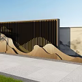 Modern Landscape Wall With Wooden Slats And Wavy Design In Garden