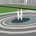 Park Landscape With Circular Fountain White Sculpture Pink Flowering Trees People Enjoying City Skyline