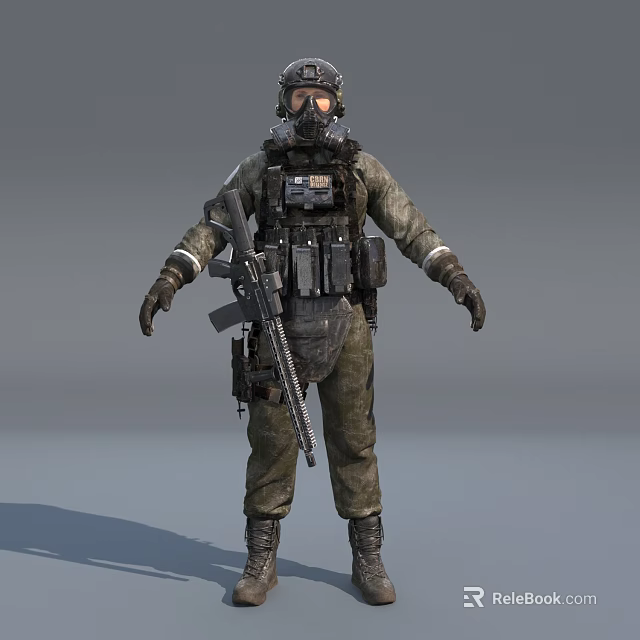 Military Tactical Soldier In Camouflage Uniform With Helmet Goggles Rifle And Tactical Vest 3d model 