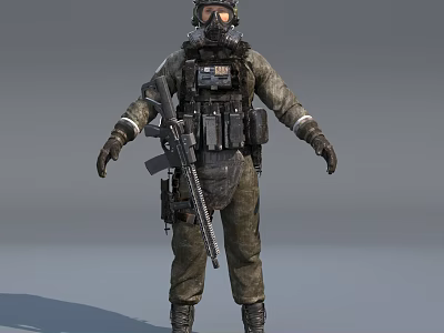 Military Tactical Soldier In Camouflage Uniform With Helmet Goggles Rifle And Tactical Vest 3d model