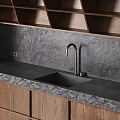 Modern Kitchen Featuring Built in Dark Wooden Cabinets Stone Countertop Sink And Appliances