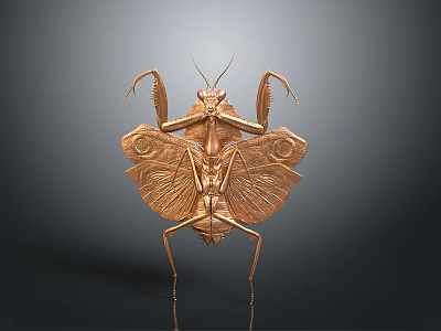 Golden Mantis Sculpture With Intricate Wing Patterns And Metallic Texture 3d model