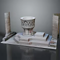 Historic Stone Baptismal Font Scene With Carved Details And Pillars On Platform Gray Background