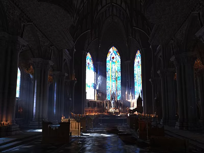 Religious Church Interior Featuring Gothic Arches Stained Glass Windows Altar And Candles 3d model