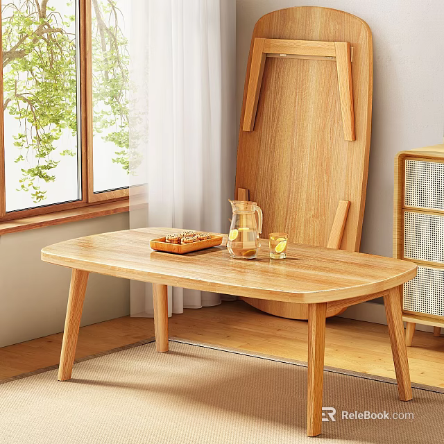 Natural Light Wood Coffee Table By Window With Tray Snacks Glass Jug And Cups 3d model 