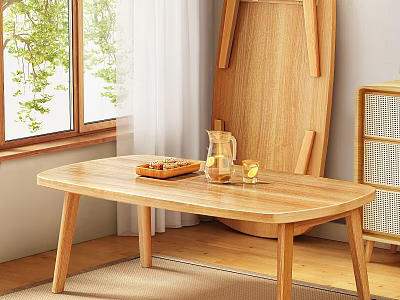 Natural Light Wood Coffee Table By Window With Tray Snacks Glass Jug And Cups 3d model