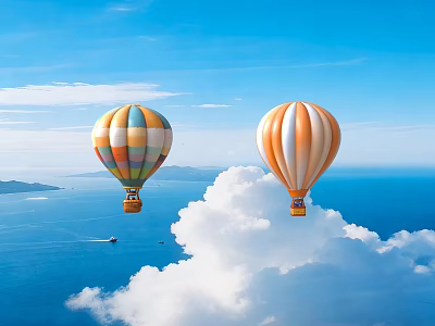 Two Colorful Hot Air Balloons Flying Over Blue Sea With White Clouds Islands And Boat Below 3d model