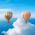 Two Colorful Hot Air Balloons Flying Over Blue Sea With White Clouds Islands And Boat Below