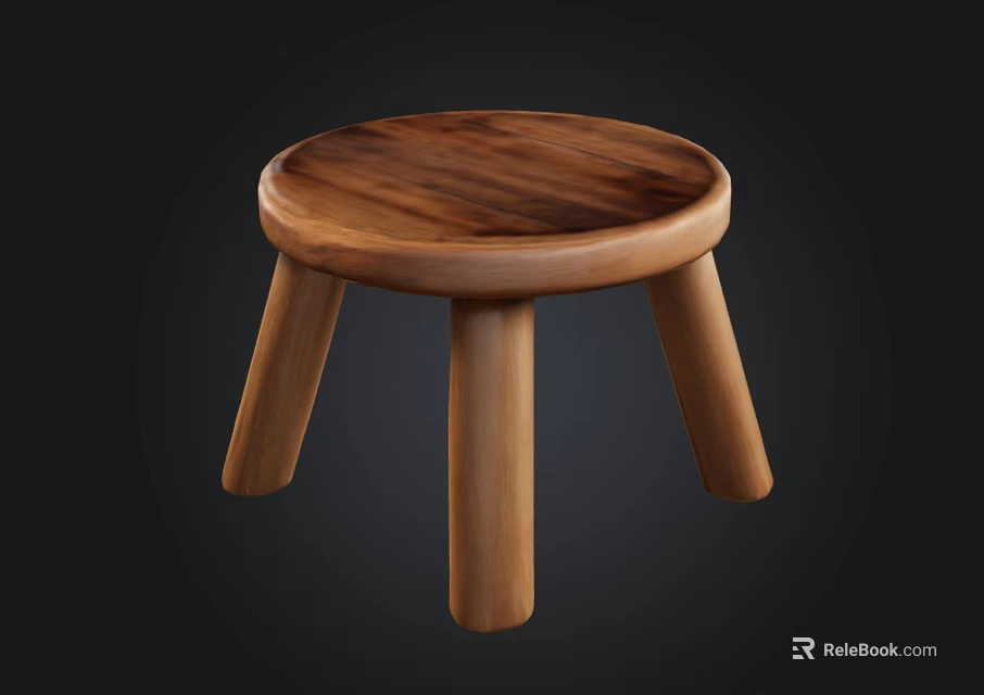 Classic Wooden Stool With Round Top Four Legs And Natural Texture 3d model 