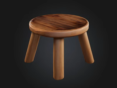 Classic Wooden Stool With Round Top Four Legs And Natural Texture 3d model