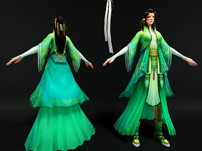 Game and Movie Character in Green Traditional Robe with Long Hair Front and Back View 3d model