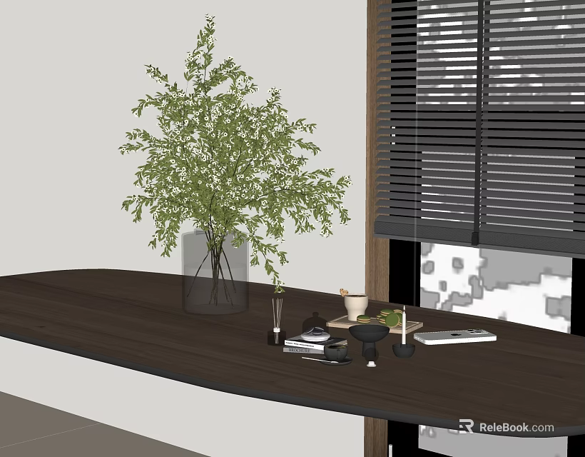 Green Plant In Glass Vase On Dark Wooden Table With Window Blinds And Books 3d model 