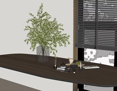Green Plant In Glass Vase On Dark Wooden Table With Window Blinds And Books 3d model