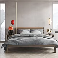 Modern Minimalist Double Bed Interior With Gray Bedding Wooden Frame And Nightstand Lamp