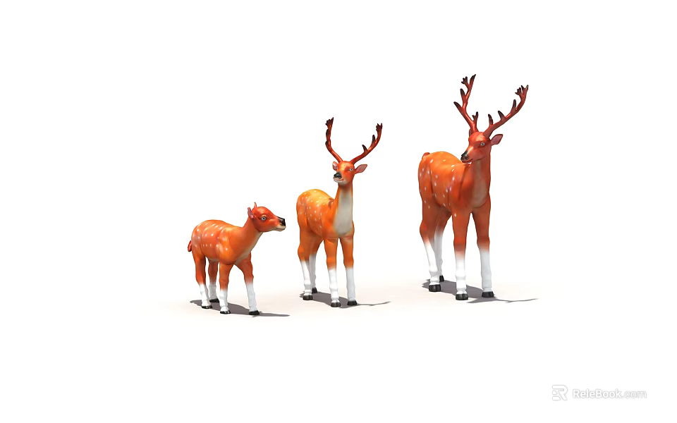 Three Orange Deer Figurines Standing In A Row With White Legs 3d model