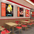 Bright Restaurant Interior With Red Decor Wooden Tables And Food Posters
