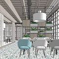 Modern Restaurant Interior With White Pendant Lights Dining Tables Blue Chairs And Green Plants