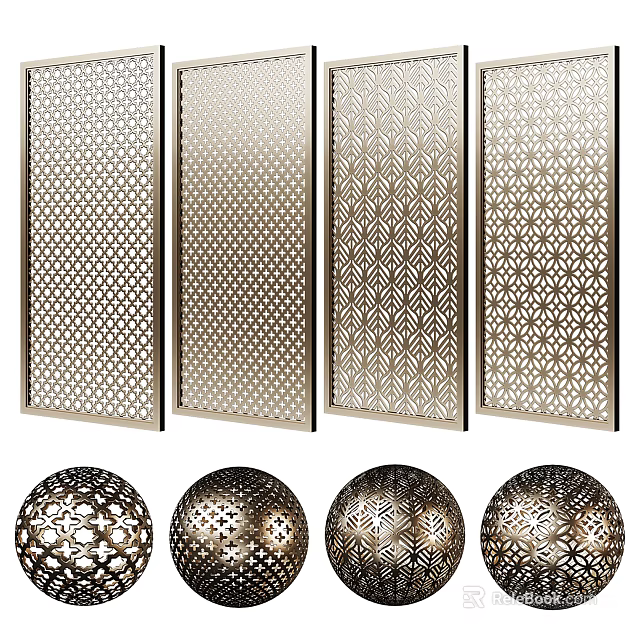 Metallic Laser Cut Room Dividers With Geometric Patterns And Spherical Ornaments 3d model 