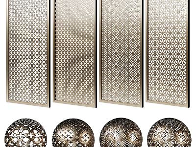 Metallic Laser Cut Room Dividers With Geometric Patterns And Spherical Ornaments 3d model